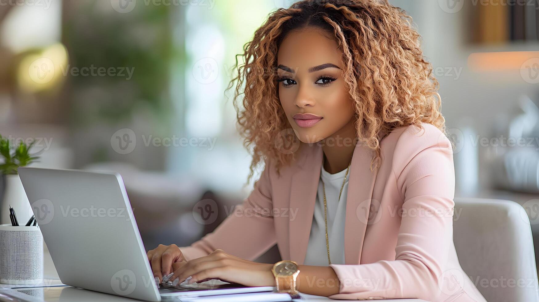 Focused woman typing on her laptop, surrounded by a neat desk setup with a notebook, pen, and a cup of coffee. photo