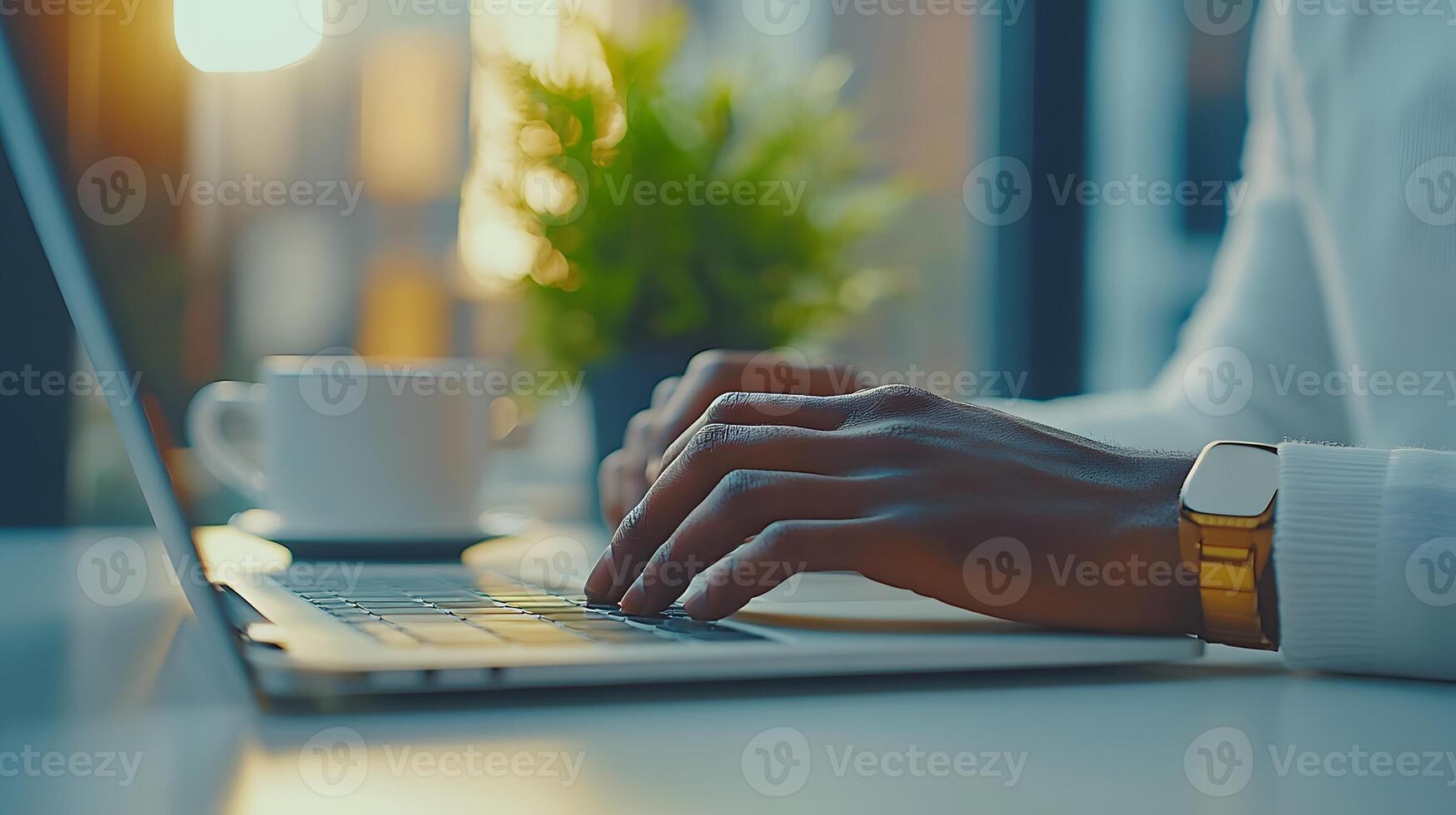 Close-up of hands typing on a laptop at a modern desk, with a cup of coffee and a small plant nearby. photo