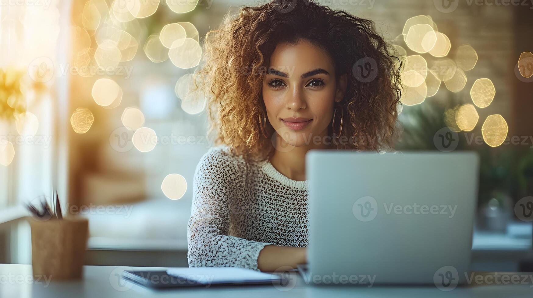 Close-up of a woman typing on her laptop in a tidy workspace, with a notebook and pen within reach. photo