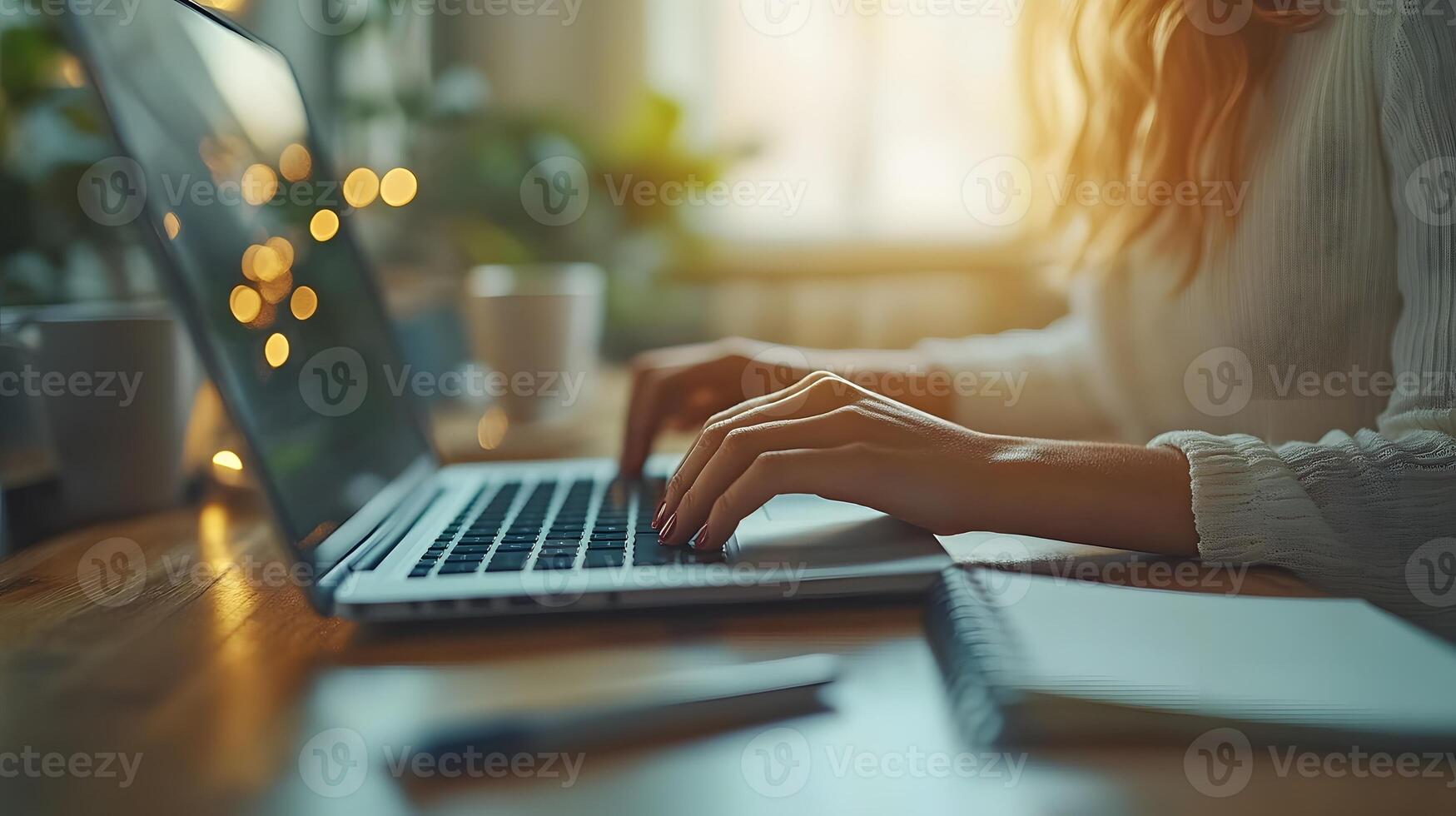 Close-up of a woman typing on her laptop in a tidy workspace, with a notebook and pen within reach. photo