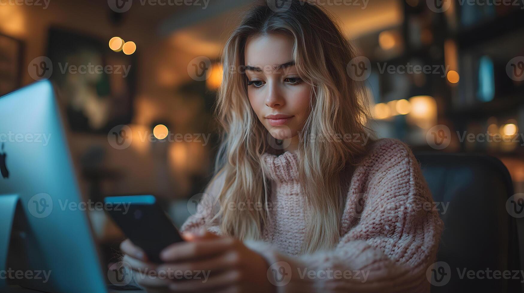 Woman shopping online and making a payment using a mobile phone, focused on a banking app in a tidy workspace. photo