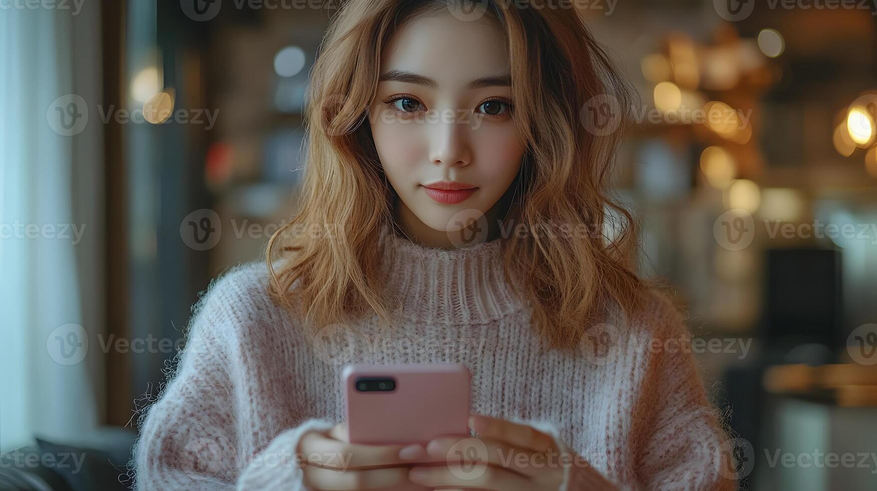 Close-up of a woman shopping online, holding a mobile phone, completing a payment through a mobile banking app. photo