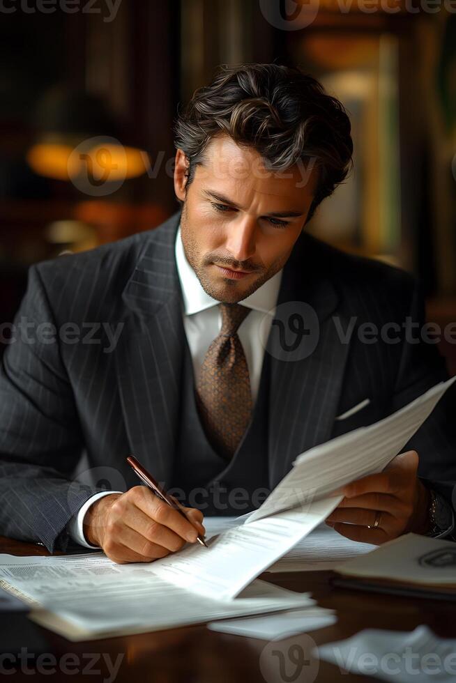 Business professional reviewing documents, prioritizing goals crucial to business success. photo