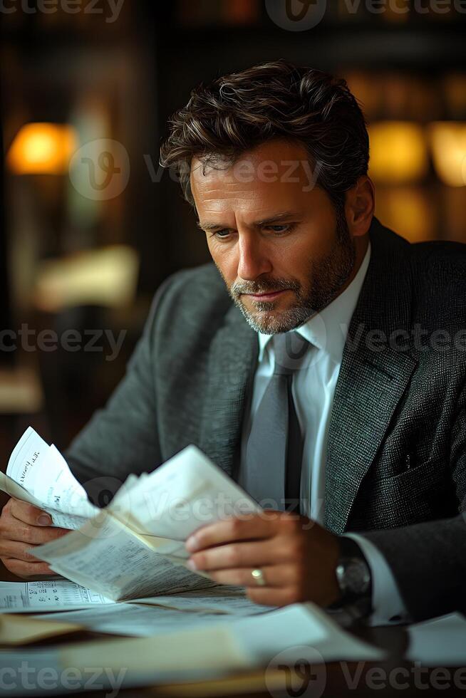 Professional entrepreneur examining strategic objectives, ensuring alignment with current business goals. photo