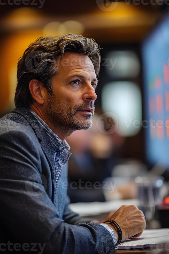 CEO confidently outlining a business plan on a large screen, addressing executives during an urgent meeting. photo