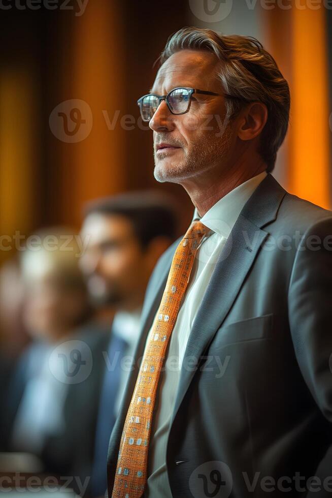 CEO confidently outlining a business plan on a large screen, addressing executives during an urgent meeting. photo