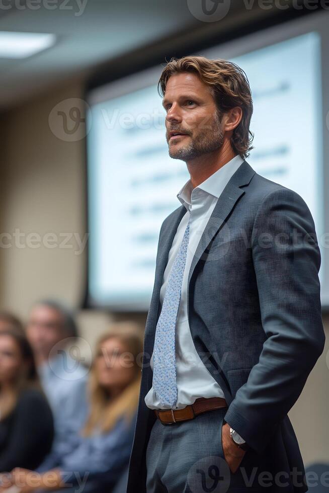 CEO presenting a business proposal with emphasis on growth strategies, engaging the team with visual slides. photo