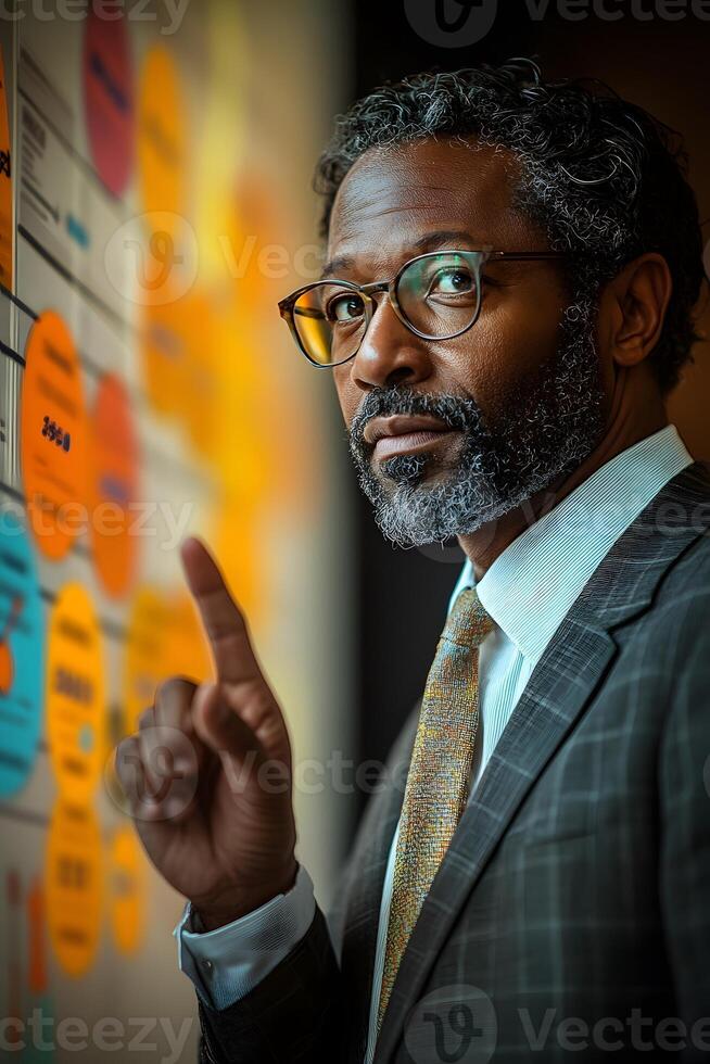 CEO explaining strategic objectives to colleagues, pointing at charts and graphs on a presentation board. photo