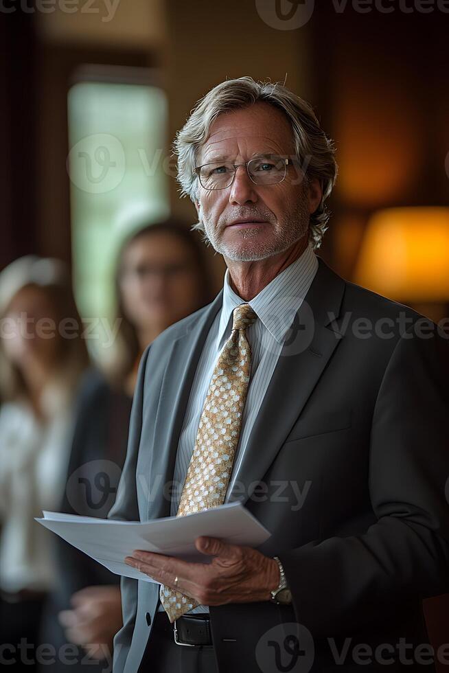 CEO explaining the strategic direction of the company to senior management, with a clear presentation in a formal setting. photo