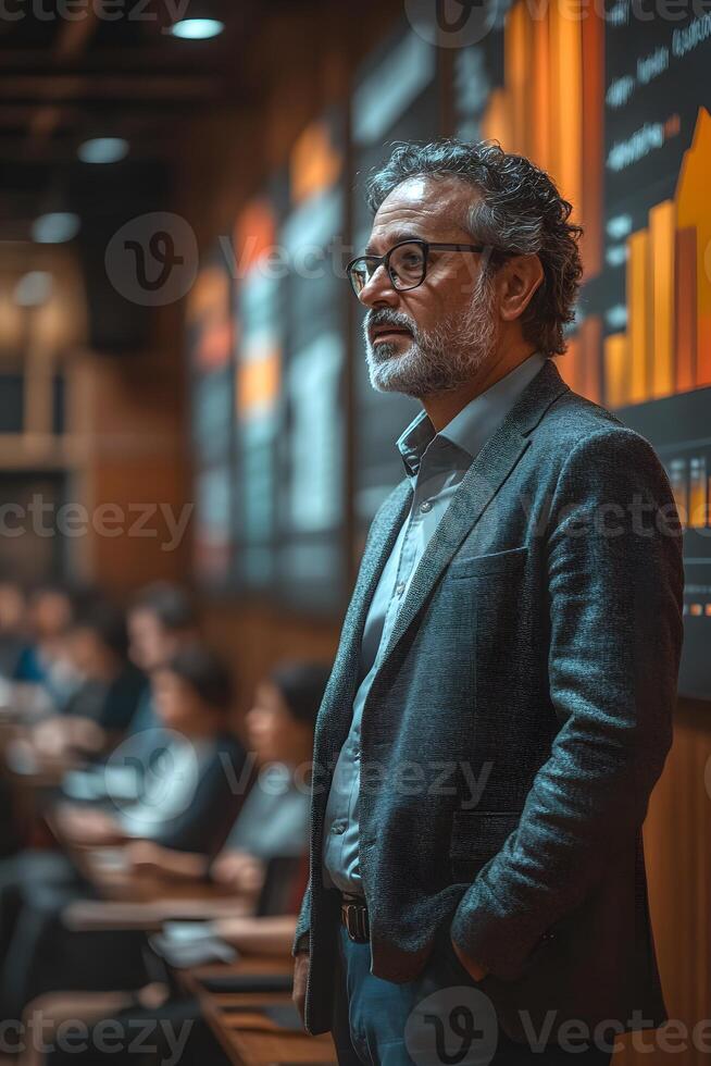 CEO presenting an urgent business plan, highlighting key strategies to achieve corporate goals in a professional environment. photo