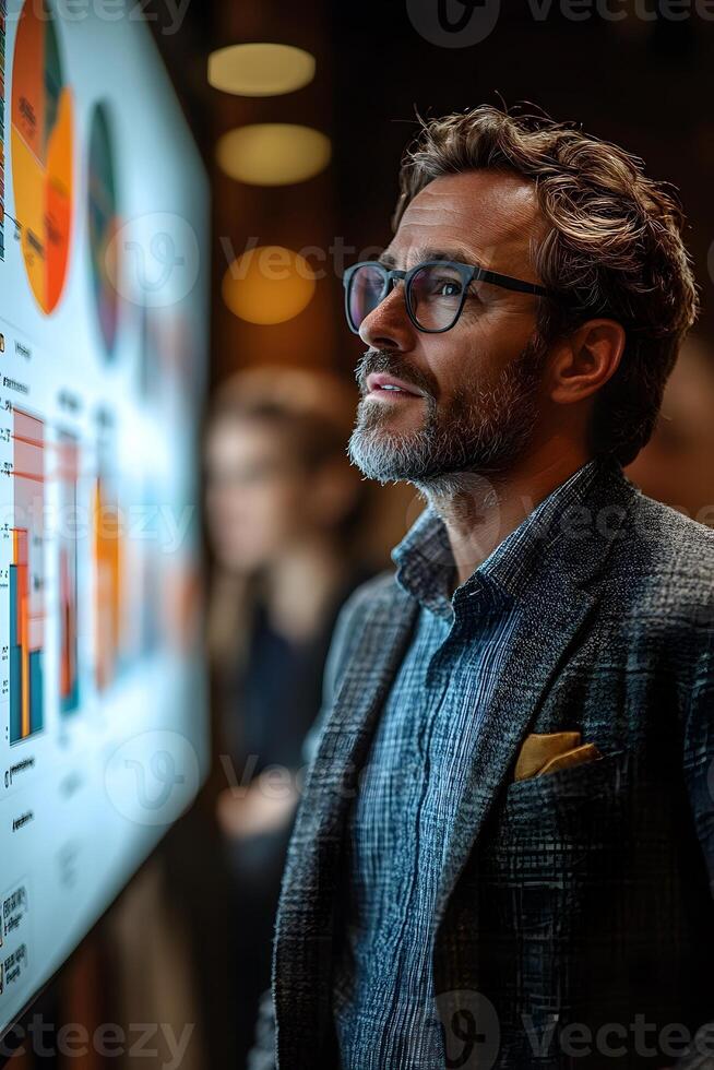CEO discussing business plan strategies with a team, with strategic information displayed on a screen. photo