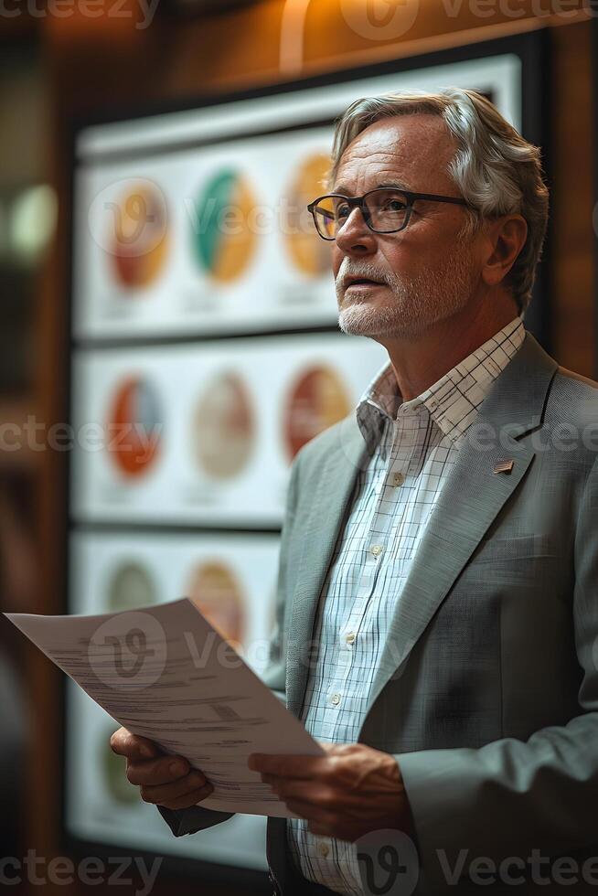 CEO standing in front of a strategic planning board, holding a business plan while addressing the team. photo