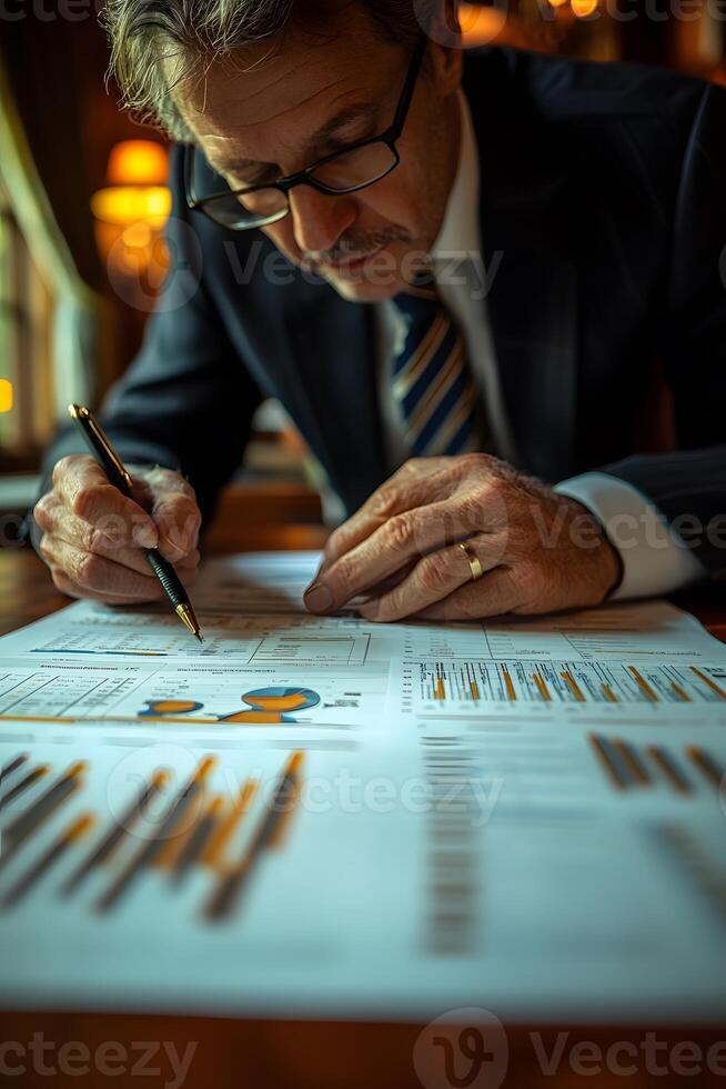 CEO analyzing business plan details, with strategic charts and graphs visible on a desk. photo