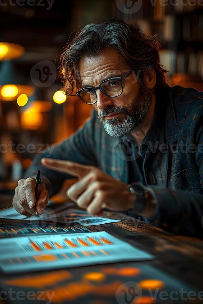 CEO pointing at strategic information on a digital screen, with a business plan document open on the desk. photo