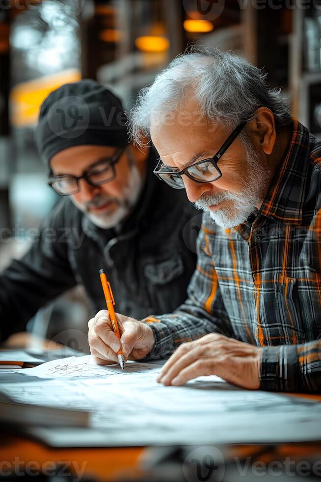 Team working together, jotting down ideas and drawing sketches for a new business strategy. photo