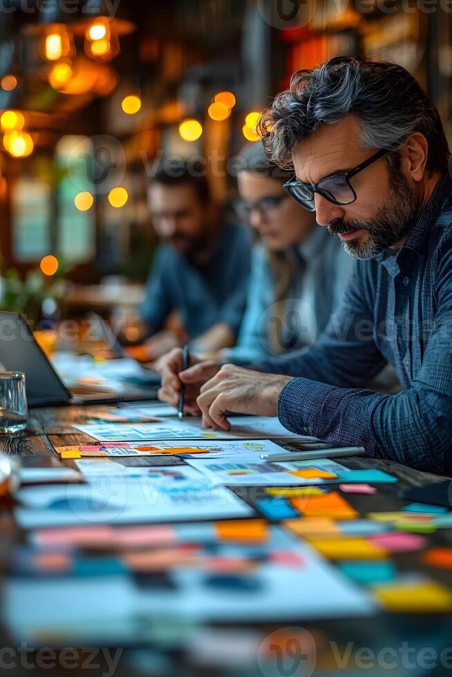 Creative team working on a business plan, with ideas and sketches on sticky notes covering the table. photo