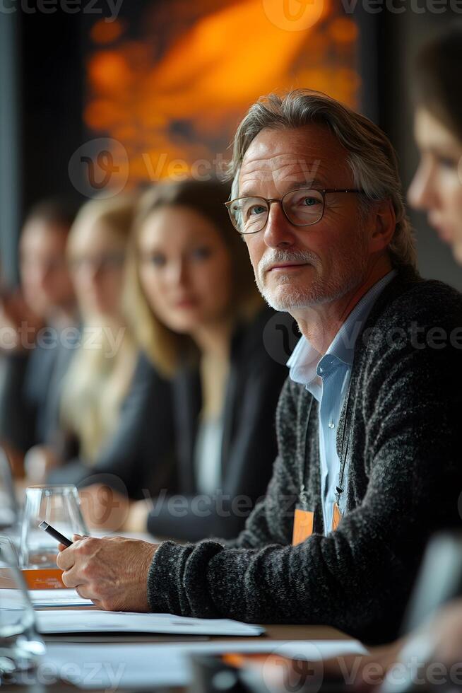 Sales team gathered around a table, discussing customer segments and strategies for entering modern markets. photo