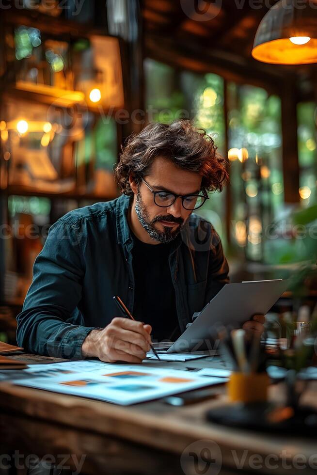 Entrepreneur seated at a desk, assessing a business plan to ensure it meets key goals and targets. photo