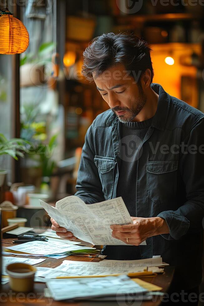 Business owner reviewing a detailed plan, concentrating on achieving essential goals and milestones. photo