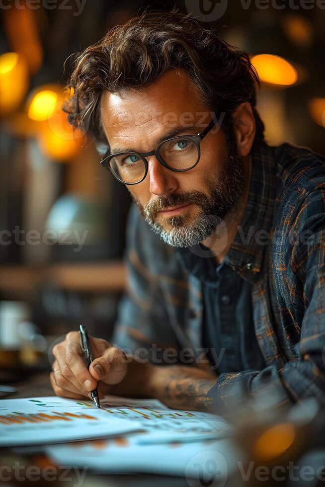 Focused entrepreneur reviewing charts and graphs, ensuring alignment with business goals and priorities. photo