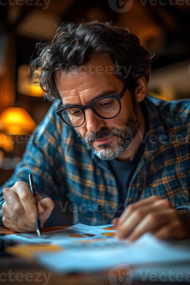 Focused entrepreneur reviewing charts and graphs, ensuring alignment with business goals and priorities. photo