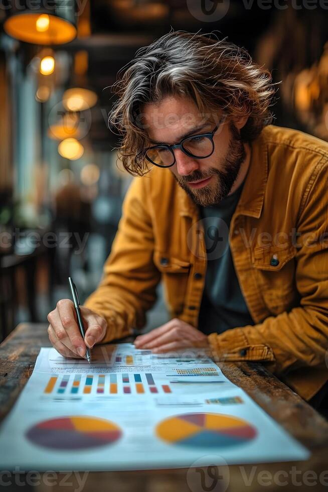 Professional entrepreneur studying a business plan, marking key goals to be achieved. photo