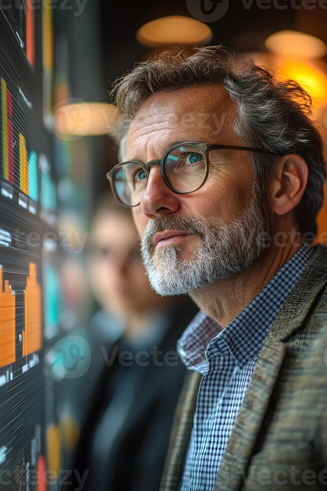 CEO discussing business plan strategies with a team, with strategic information displayed on a screen. photo