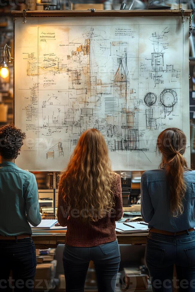 Overhead view of a group working on business strategies, with creative sketches and notes on a large sheet. photo