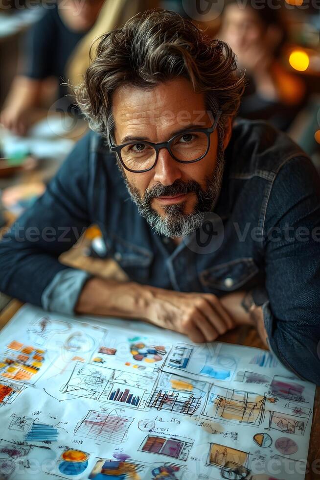 Group of professionals exchanging business plan ideas, with creative sketches visible on a large paper. photo