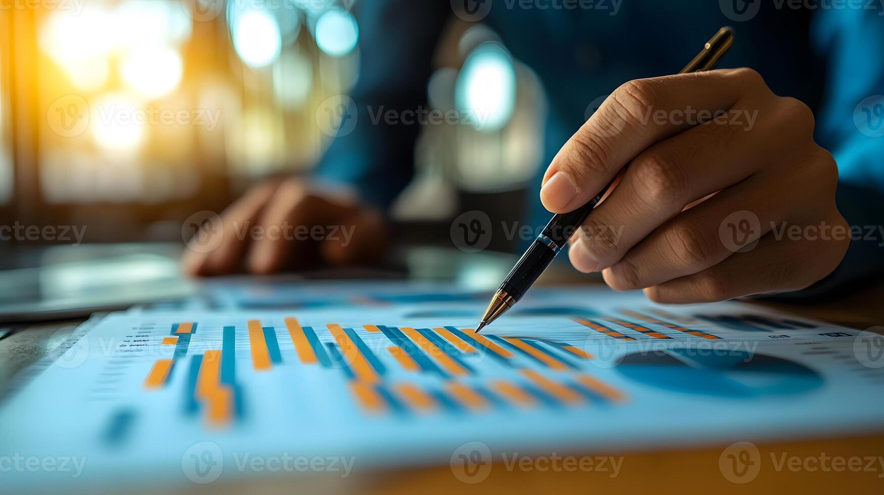 Businesswoman calculates financial report, cost control and budgeting with business data growth graph. photo