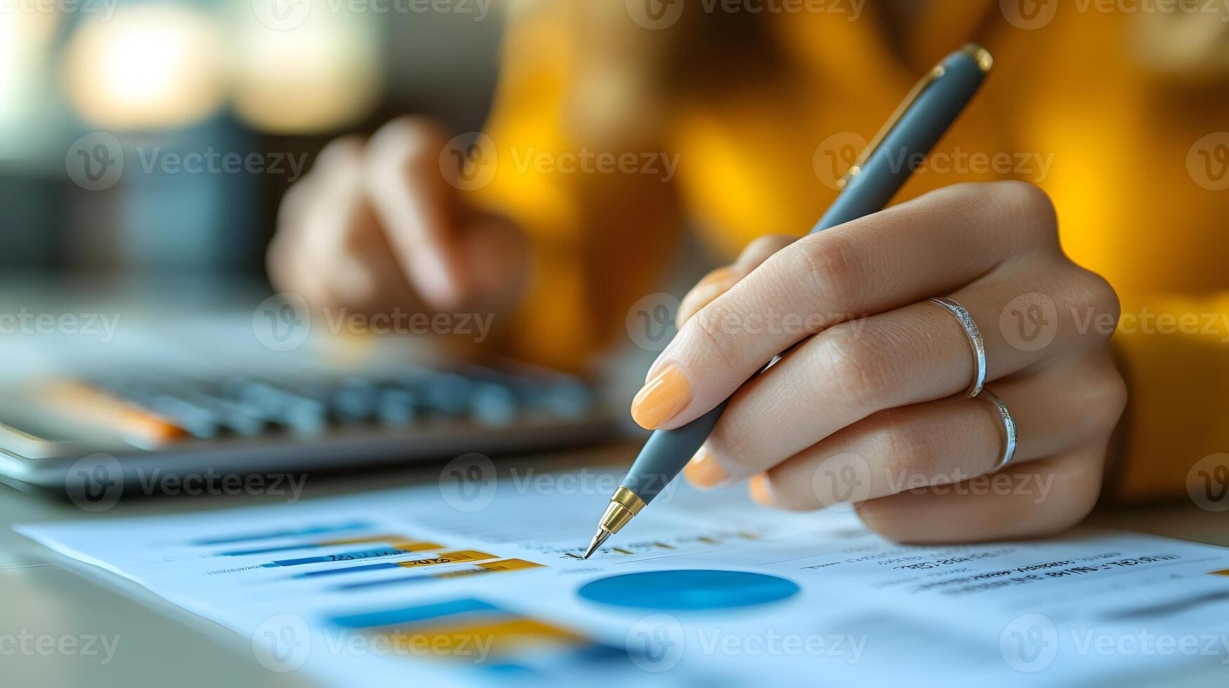 Businesswoman calculates financial report, cost control and budgeting with business data growth graph. photo