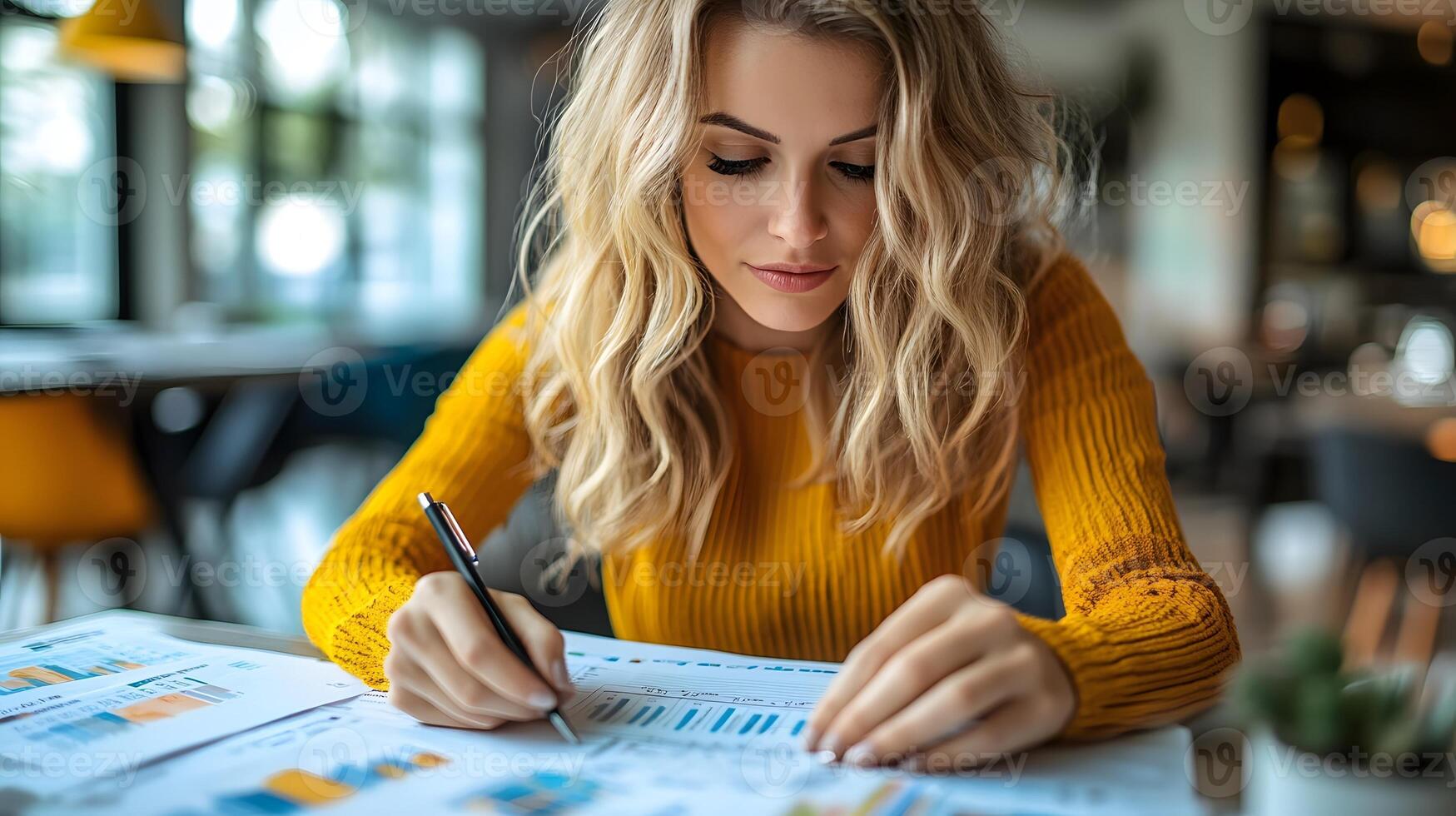 Businesswoman calculates financial report, cost control and budgeting with business data growth graph. photo