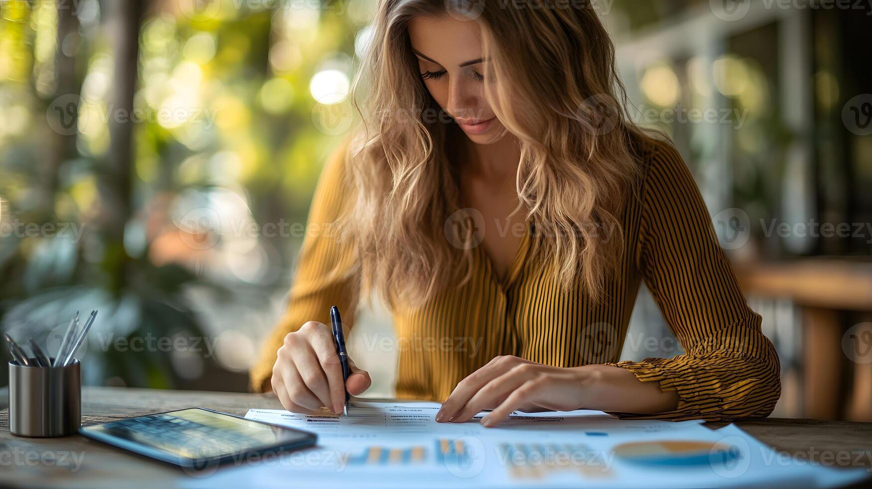 Businesswoman calculates financial report, cost control and budgeting with business data growth graph. photo