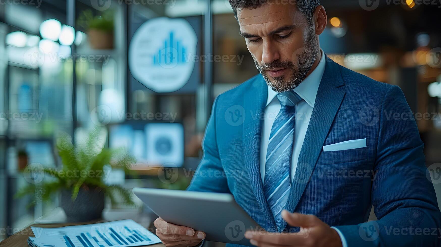 Businessman uses digital tablet to analyze and calculate financial data with economic growth graph, business strategy and planning. photo
