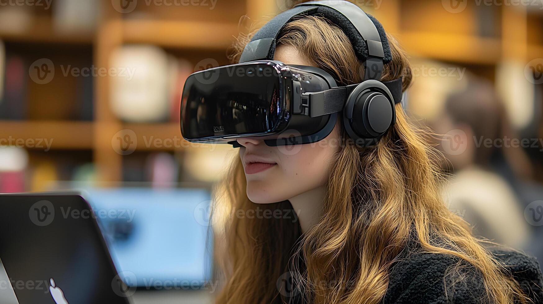 Cropped shot of a young female student wearing a VR glasses and using a laptop. photo