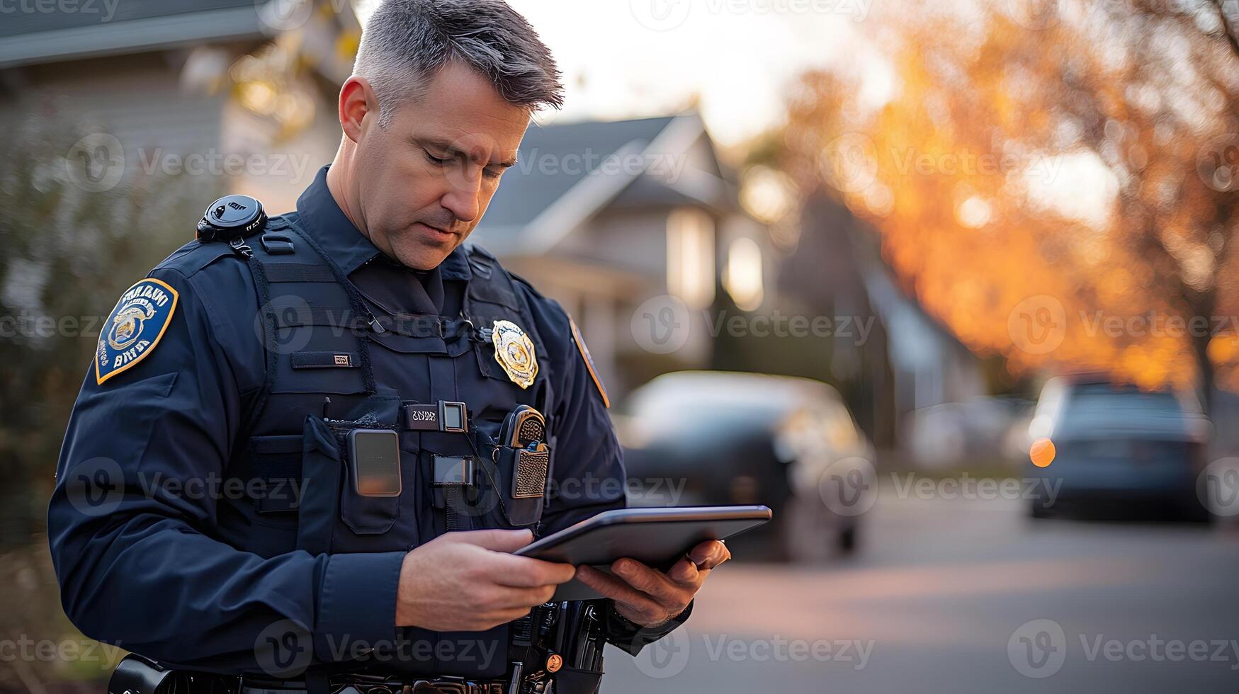 A police officer reviewing GPS data and body cam footage on a tablet while coordinating with other units in the field. photo