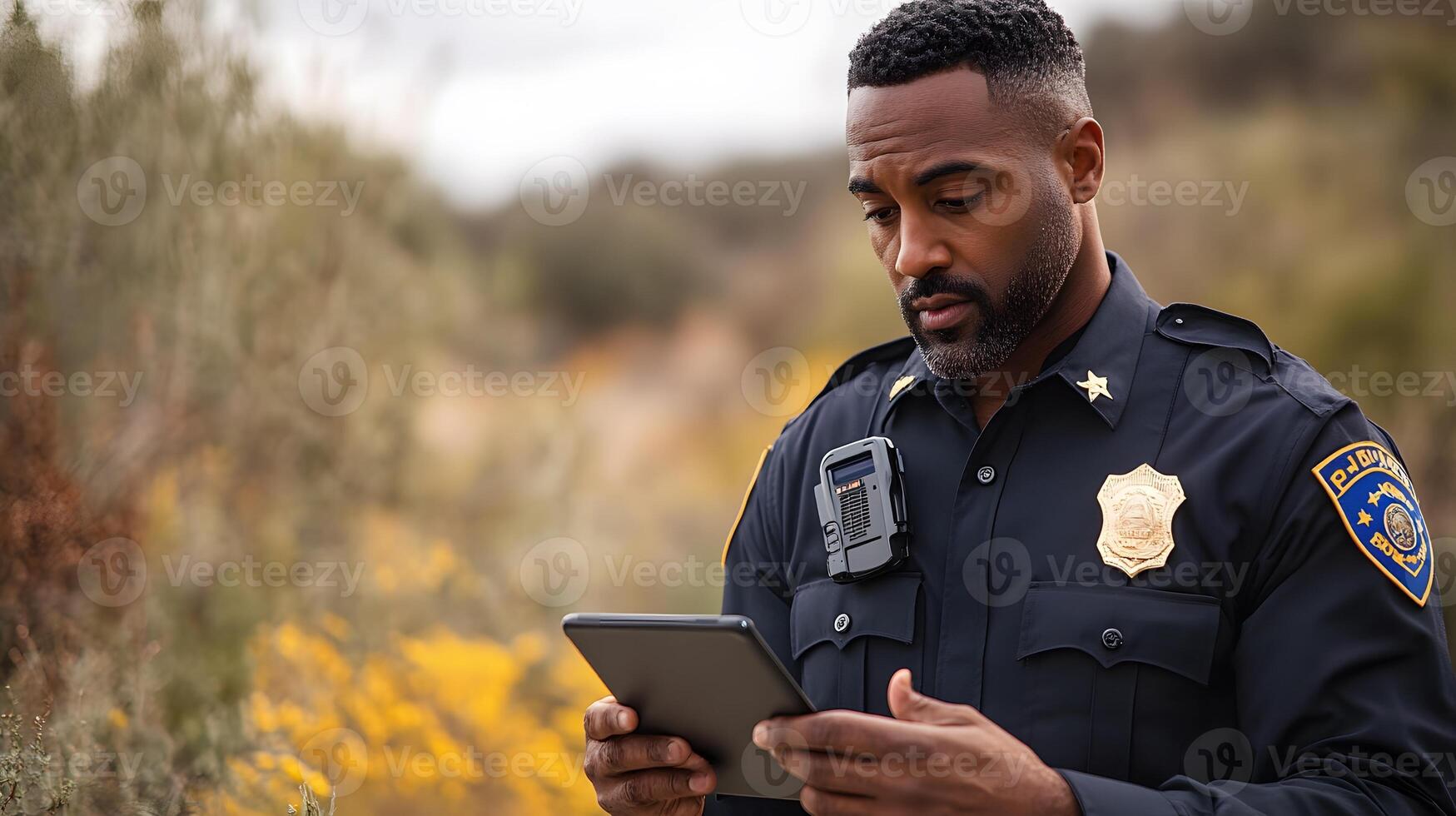 A police officer reviewing GPS data and body cam footage on a tablet while coordinating with other units in the field. photo