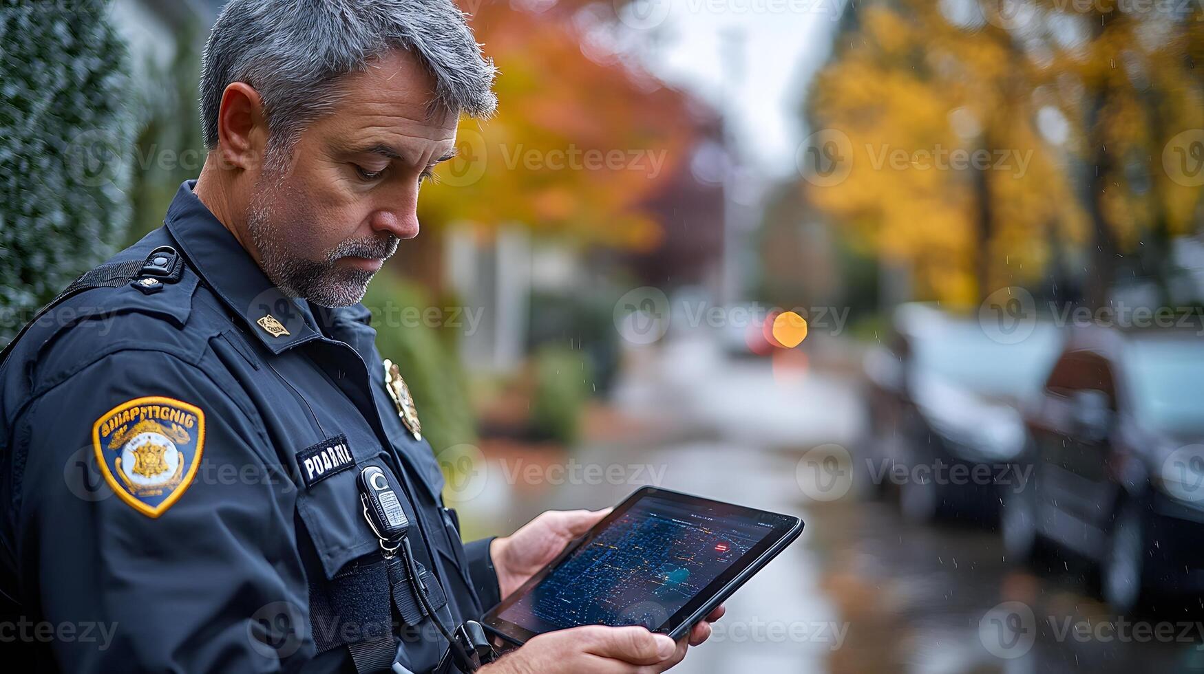 A police officer reviewing GPS data and body cam footage on a tablet while coordinating with other units in the field. photo