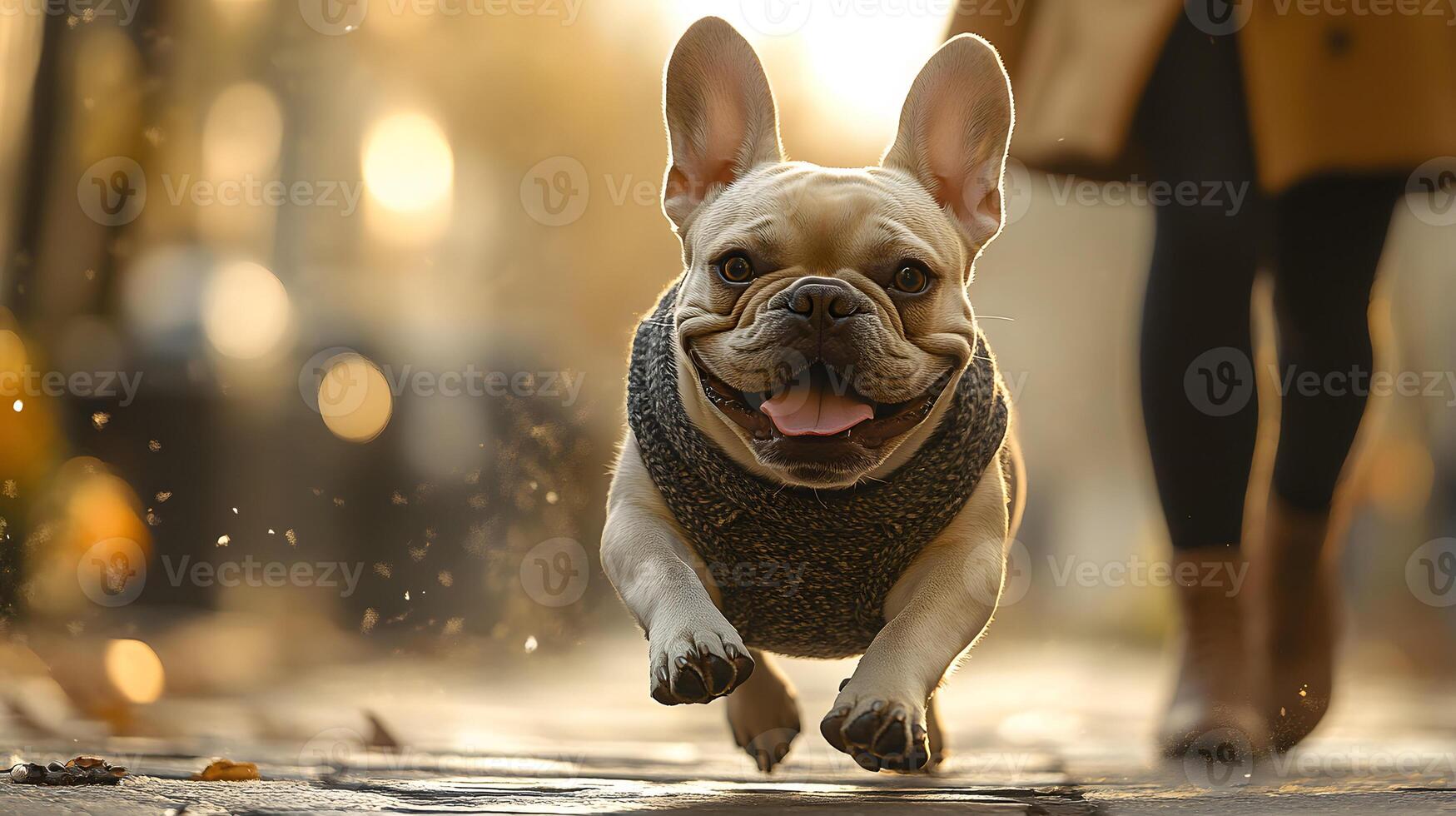 A playful French bulldog pulling ahead as its owner, a woman in a stylish outfit, tries to keep up during a sunny afternoon walk. photo