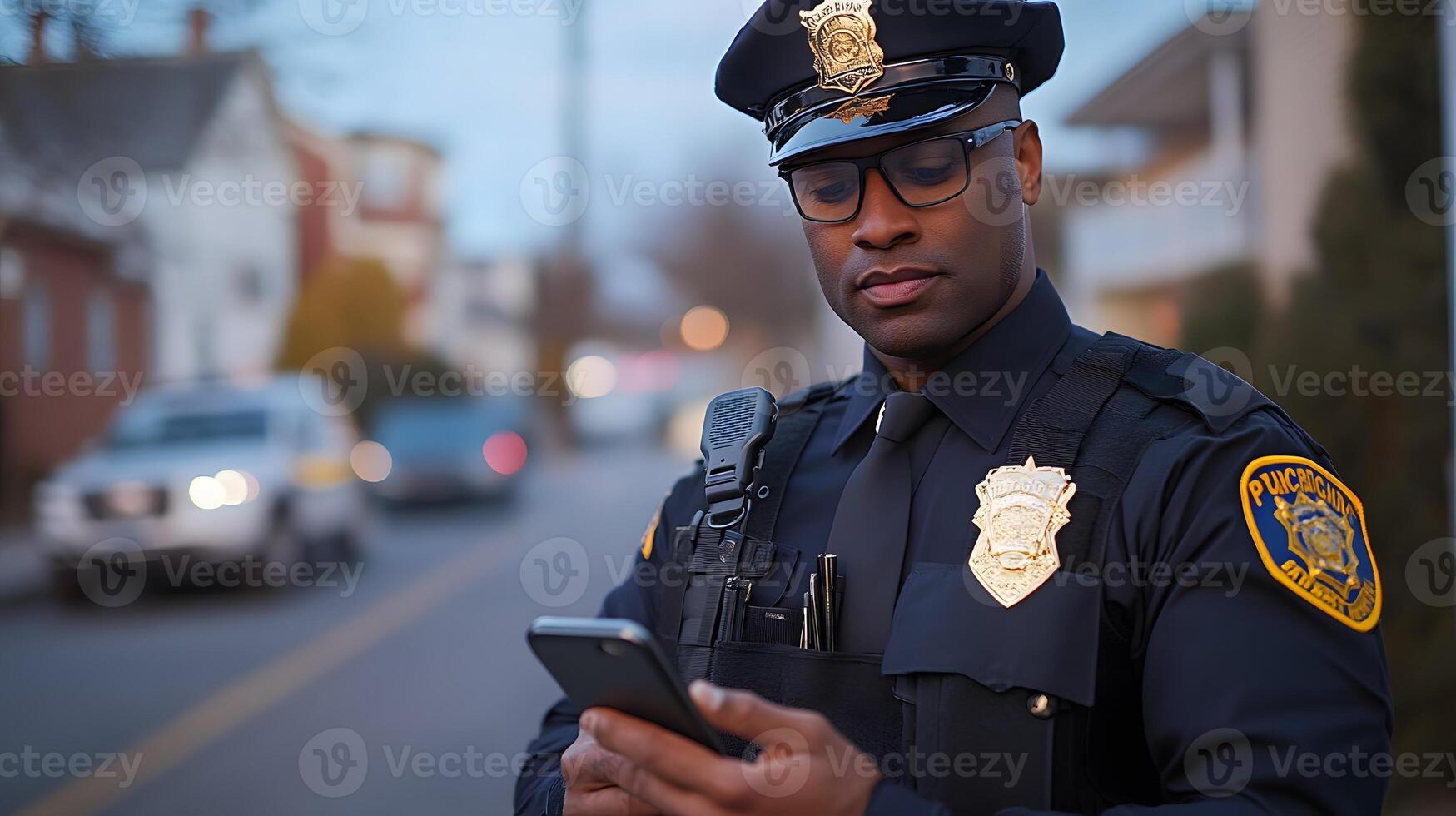 A police officer examining live footage from a body cam on a mobile device while tracking suspects via GPS technology. photo