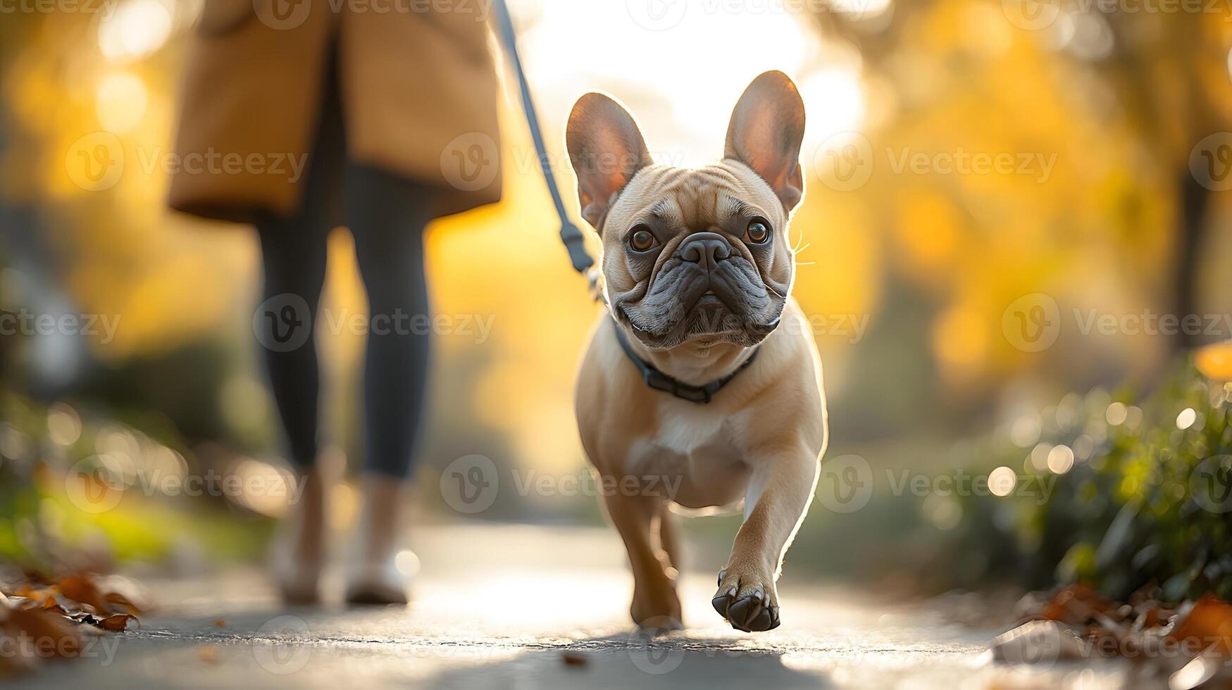 A woman walking her enthusiastic French bulldog, the dog pulling the leash toward a group of trees on a bright, sunny day. photo