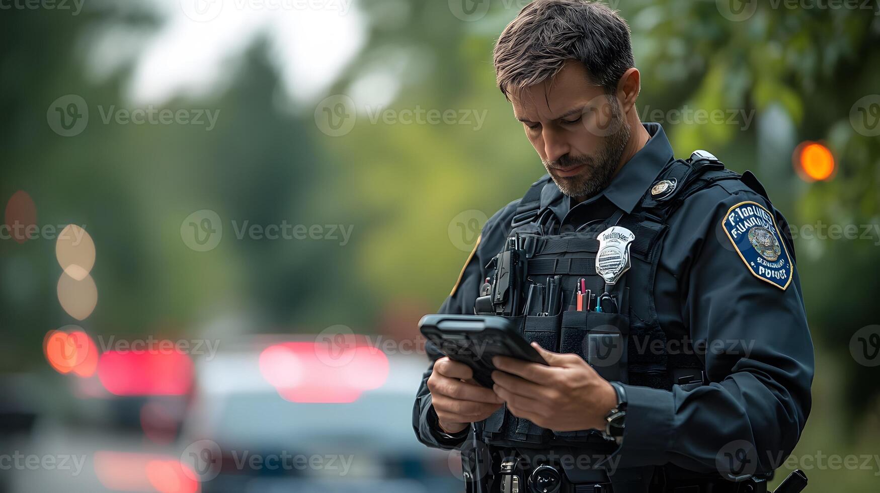 An officer using a mobile data terminal to access real-time information, while wearing a body cam and utilizing GPS for location tracking. photo