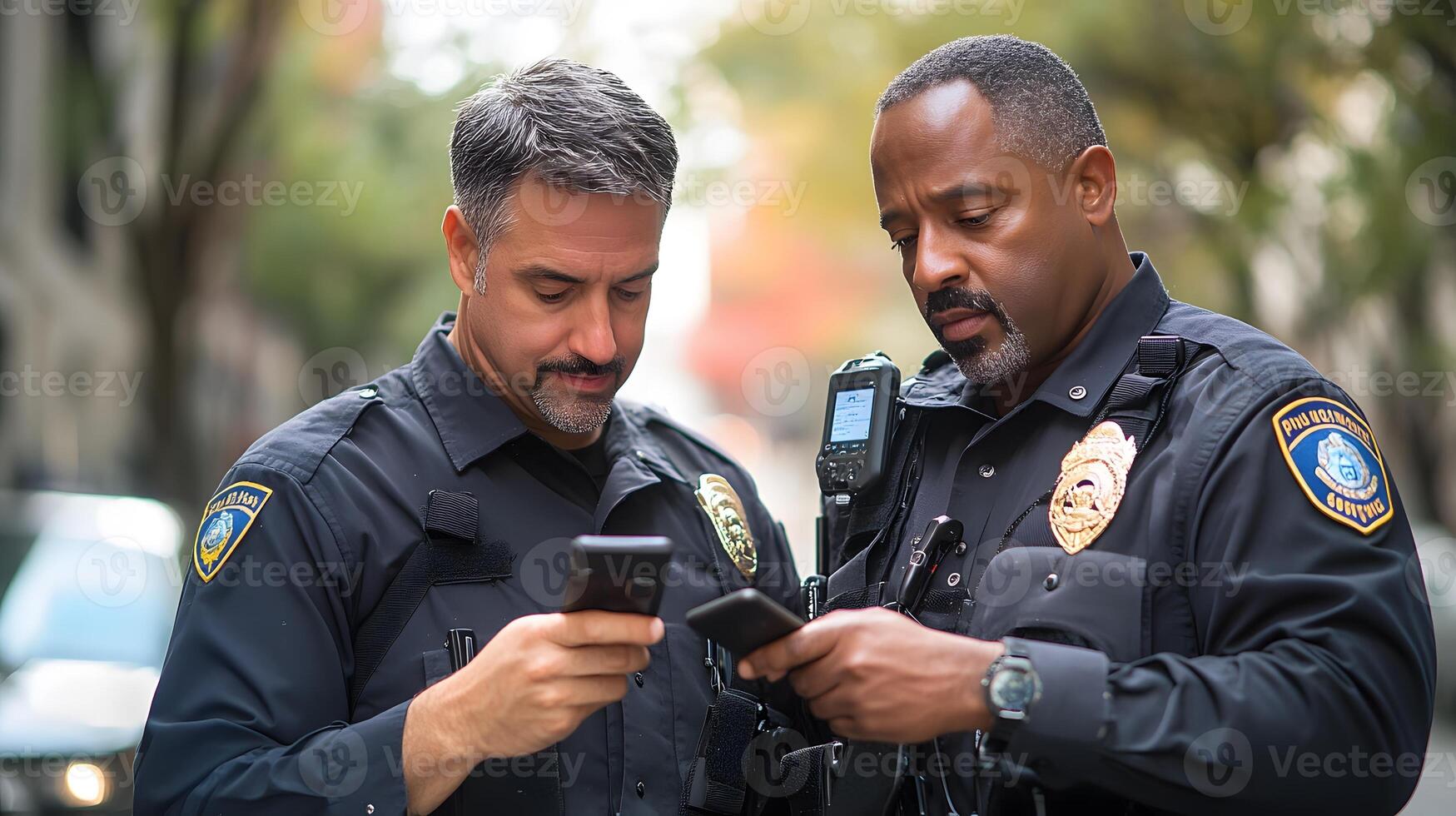 Law enforcement using technology in the field, including body cameras, GPS tracking, and mobile terminals for efficient communication and data collection. photo