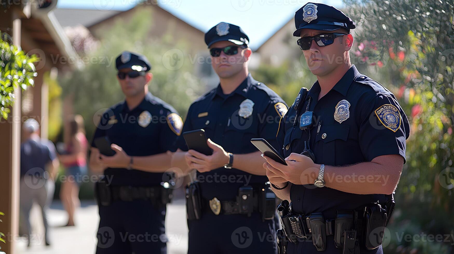 Officers in action using body-worn cameras and mobile devices to document and analyze incidents on the scene. photo