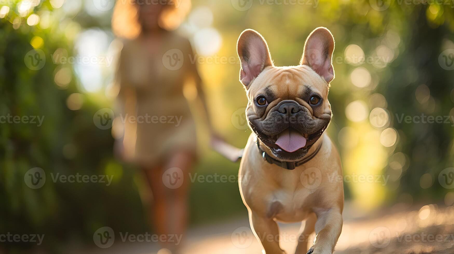 A woman walking her lively French bulldog on a tree-lined path, the dog pulling playfully on the leash as she smiles. photo