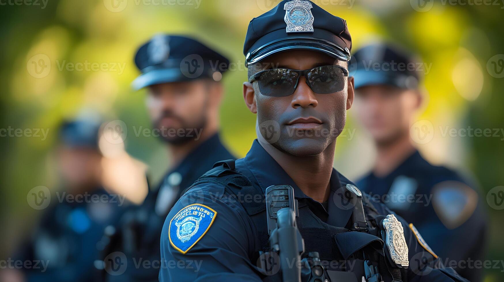 Police officers managing field operations with the help of body cams, GPS tracking devices, and mobile data terminals. photo