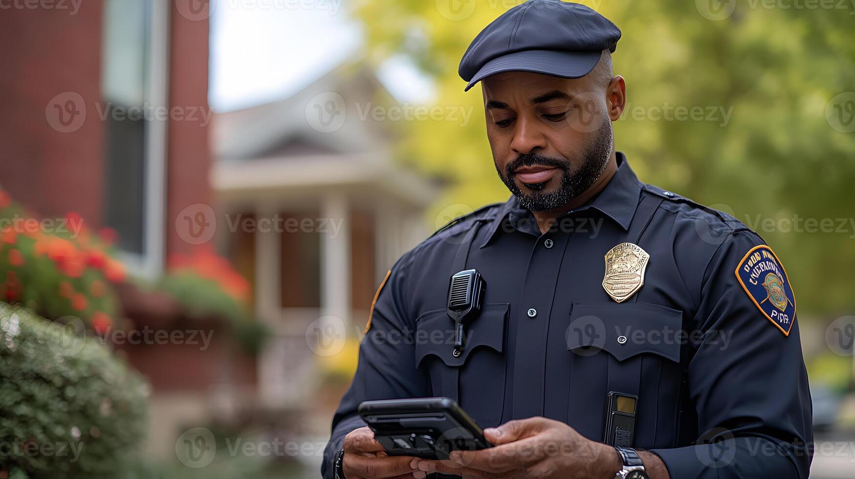 A police officer interfacing with a mobile data terminal while wearing a body cam and coordinating with a GPS tracking system. photo