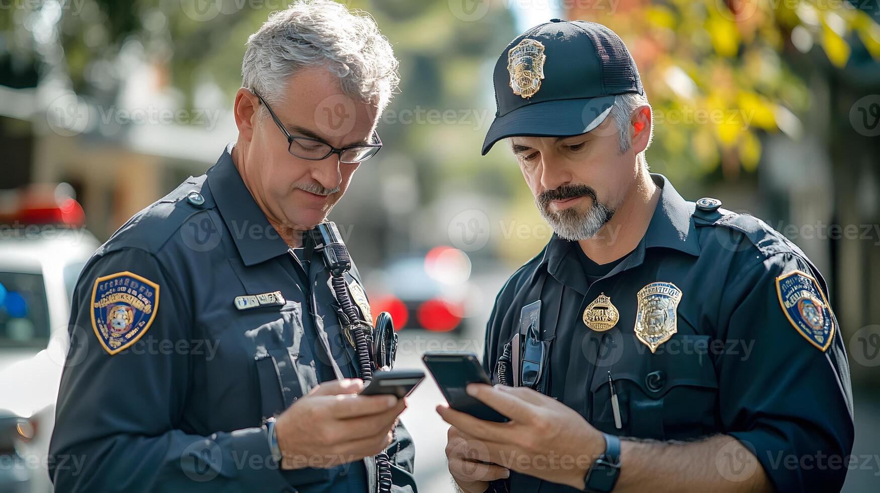 Officers in action using body-worn cameras and mobile devices to document and analyze incidents on the scene. photo