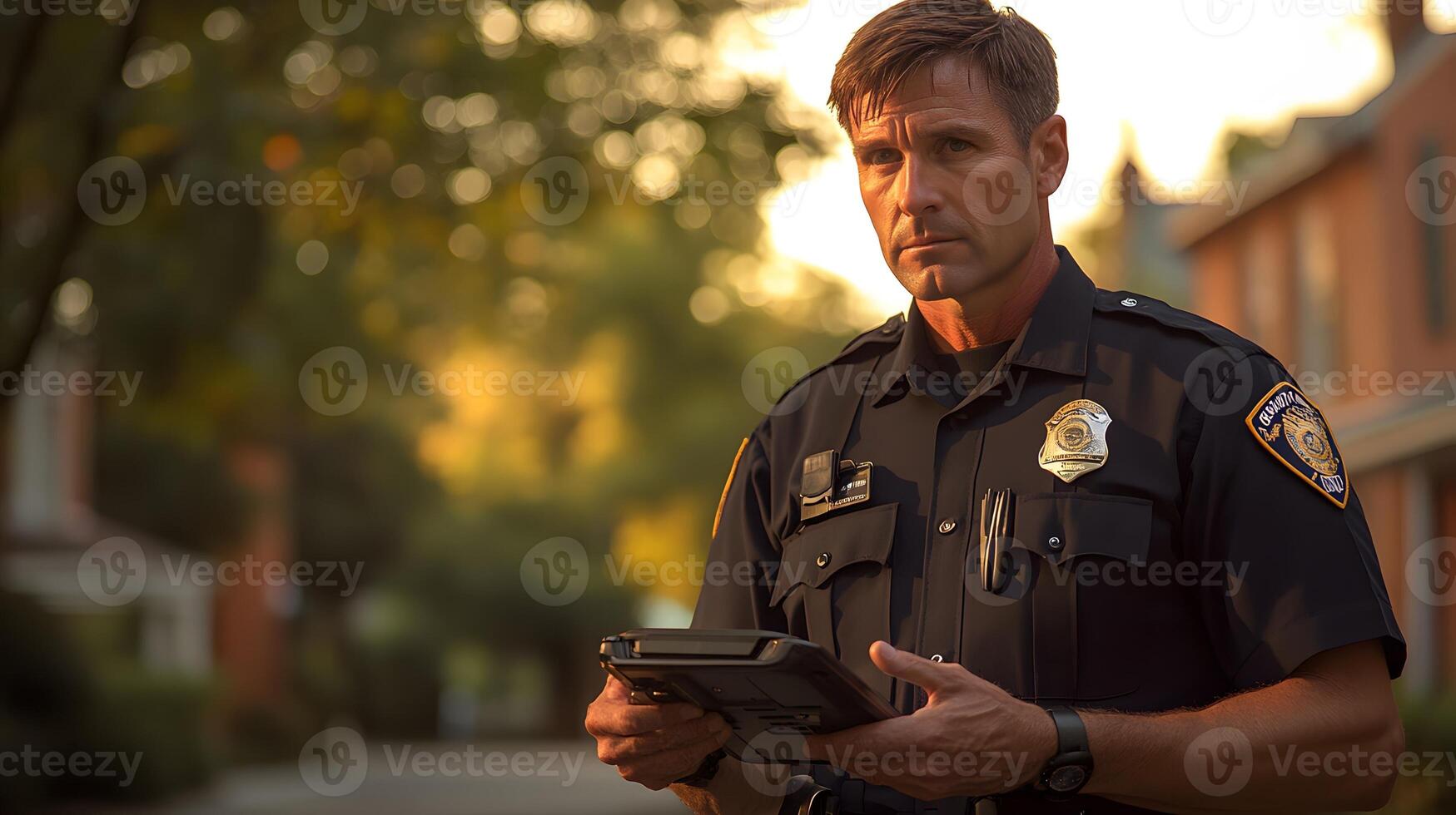 A police officer interfacing with a mobile data terminal while wearing a body cam and coordinating with a GPS tracking system. photo