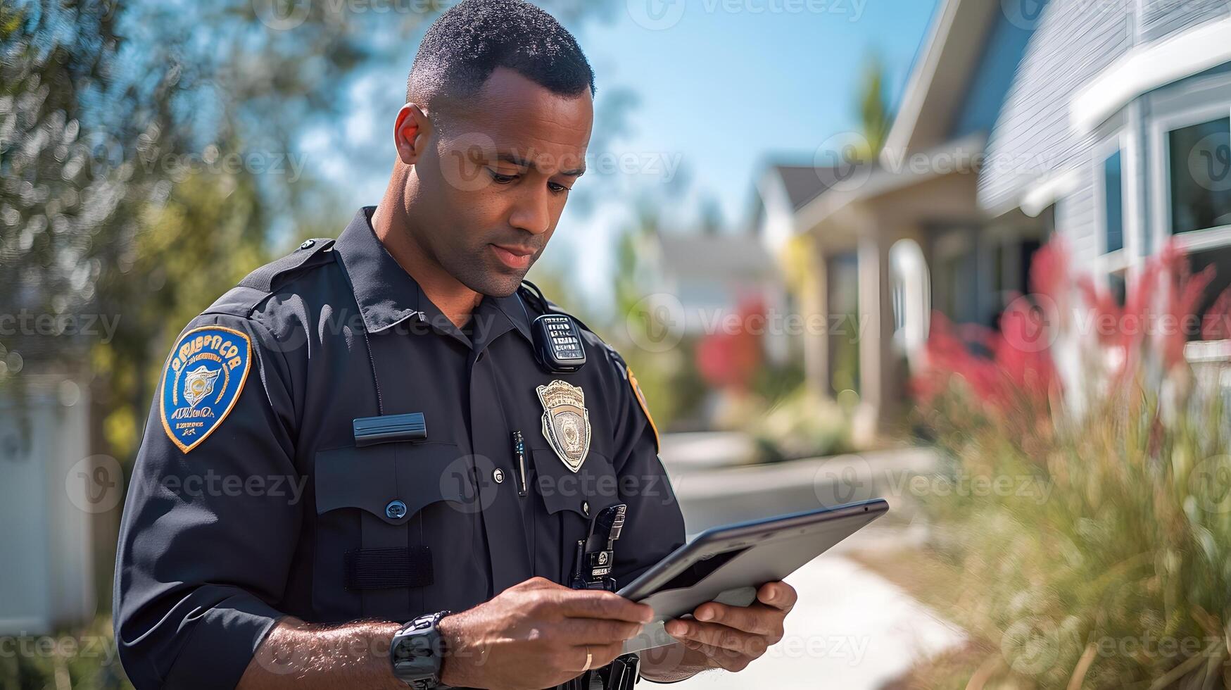 A police officer reviewing footage from a body camera on a tablet while tracking suspects with GPS technology. photo
